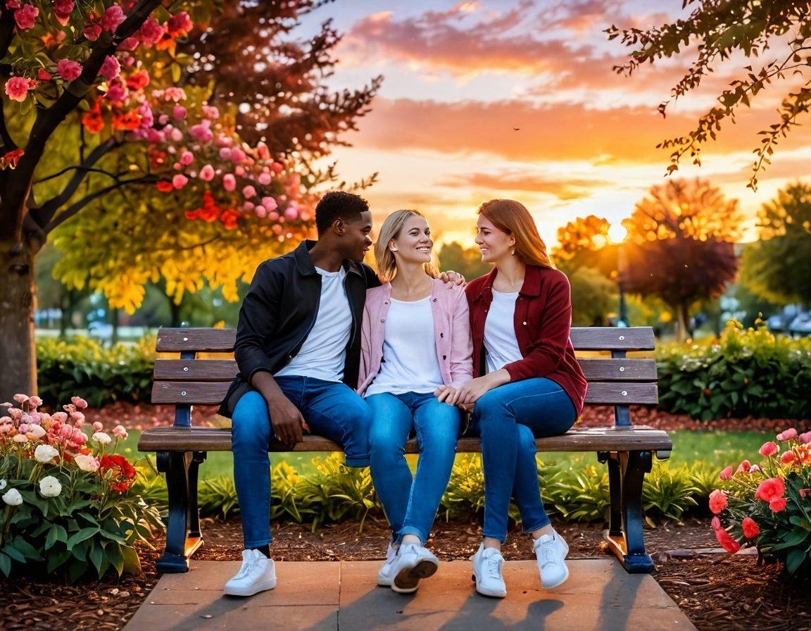 An intimate scene of two people sitting on a park bench sharing a warm smile, surrounded by vibrant flowers and a soft sunset in the background. The atmosphere should evoke warmth and connection, with subtle hearts illustrated in the sky. Include elements like a nearby playground and dancing leaves, symbolizing growth and love. super-realistic. warm tones. soft focus.