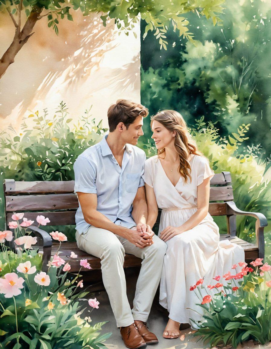 A serene, intimate setting showcasing two people sitting closely together, sharing a heartfelt moment, surrounded by soft light and warm colors. Include elements of nature like blooming flowers and gentle breezes to symbolize growth in their relationship, emphasizing trust and connection. Background should be dreamy, adding a touch of romance and devotion. watercolors, soft focus, pastel colors.