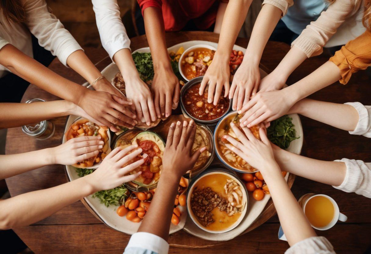 A group of diverse individuals laughing and bonding around a table filled with shared food and drinks, symbolizing collaboration and friendship. Hands reaching out to each other in a circle, showcasing unity and trust. A warm, inviting atmosphere with soft lighting and vibrant colors to evoke a sense of joy and togetherness. super-realistic. warm colors. soft focus.